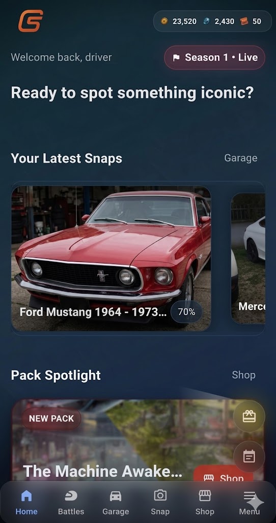 CarSnap Season 1 home screen